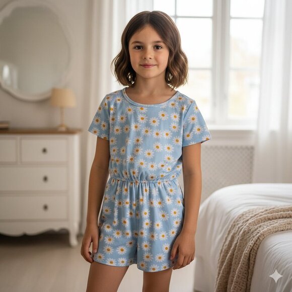 shosho Girl's Size 10 Light Blue Daisy Floral Print Short Sleeve Romper - Picture 1 of 8